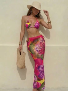 Conjunto de bikini de 3 piezas para mujer con estampado de flor de loto, diseño con lazo, falda maxi de malla, traje de baño vintage bohemio casual con tirantes finos, adecuado para vacaciones de primavera/verano, tomar el sol - Rojo - Ver 4