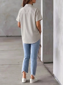 女士条纹开衫衬衫，休闲时尚短袖衬衫，夏季 - 卡其色 - 查看 3