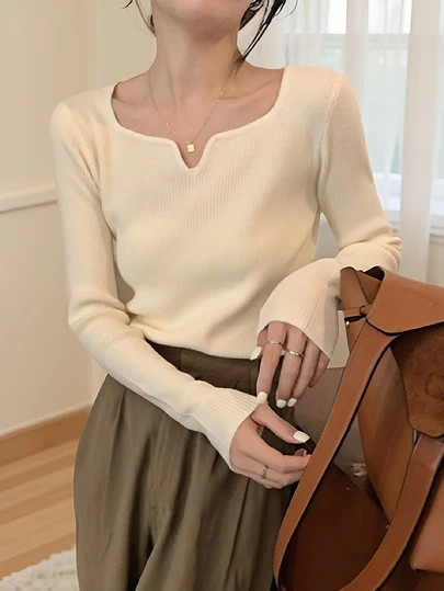 女式方领罗纹针织长袖毛衣，秋冬分层上衣