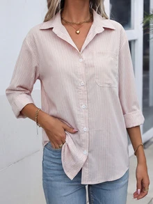 Camisa de botones a rayas para mujer talla grande, camisa casual de manga larga con cuello y bolsillo en el pecho, blusa de manga larga con botones delanteros para primavera - Caqui - Ver 5