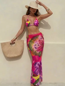 Conjunto de bikini de 3 piezas para mujer con estampado de flor de loto, diseño con lazo, falda maxi de malla, traje de baño vintage bohemio casual con tirantes finos, adecuado para vacaciones de primavera/verano, tomar el sol - Rojo - Ver 3