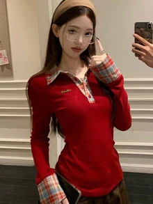 女士二合一格子马球领红色长袖拉绒修身打底上衣