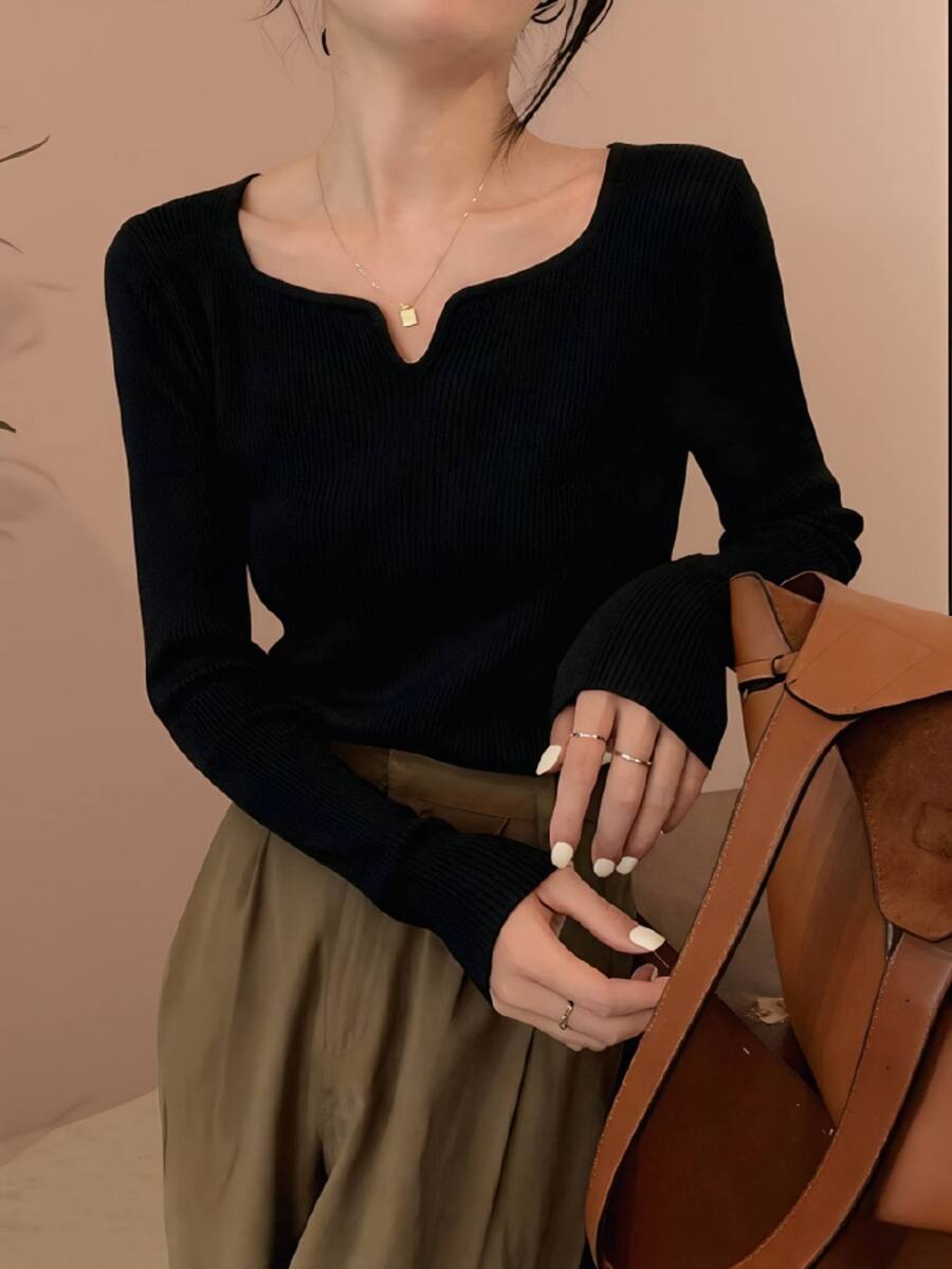 Women's Square Neck Ribbed Knit Long Sleeve Sweater, Autumn/Winter Layering Top Black Spring - Black - View 1