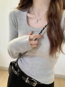 女士方领长袖针织毛衣，修身叠穿上衣，秋冬