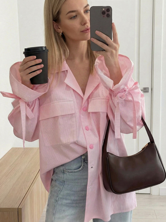 Women's Pink Striped Woven Shirt, Button Front, Bow Decor, Long Sleeve, Lapel Collar, Regular Fit Top