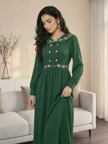 Đầm maxi dài tay cổ điển màu trơn phối nhiều mảnh dành cho nữ mùa xuân/hè, thích hợp cho đám cưới, kỳ nghỉ, tiệc tùng, tiệc tối trang trọng, hẹn hò, thắt eo, cúc ngọc trai, thêu hoa, tay phồng, đầm maxi dài màu xanh lá cây mùa xuân/hè. - Màu xanh lá cây đậm - Xem 9