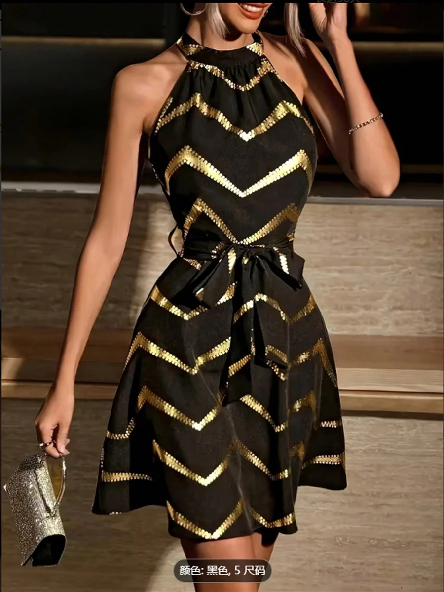 Đầm nữ thanh lịch in họa tiết kim loại, cổ chữ V, kẻ sọc, lấp lánh, thích hợp cho tiệc Giáng sinh, mặc hàng ngày, dạo phố với thắt lưng, eo xoắn bo gân, đi nghỉ mát và đi biển. - màu đen - Xem 1