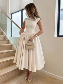 优雅简约时尚休闲复古喇叭短袖纯色褶皱拉链女士长连衣裙，适合晚宴、度假、上学、办公、海滩、夏季等场合。 - 杏色 - 查看 2