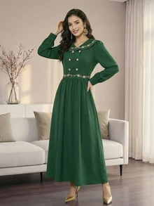 Đầm maxi dài tay cổ điển màu trơn phối nhiều mảnh dành cho nữ mùa xuân/hè, thích hợp cho đám cưới, kỳ nghỉ, tiệc tùng, tiệc tối trang trọng, hẹn hò, thắt eo, cúc ngọc trai, thêu hoa, tay phồng, đầm maxi dài màu xanh lá cây mùa xuân/hè. - Màu xanh lá cây đậm - Xem 7