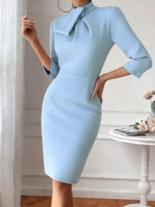 新款优雅修身连衣裙，适合通勤，春秋季穿着 - 藍色 - 查看 1