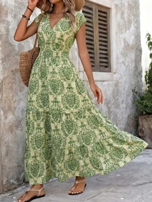 新款女士度假V领印花短袖长款连衣裙，优雅大摆长裙，夏季 - 綠色 - 查看 5