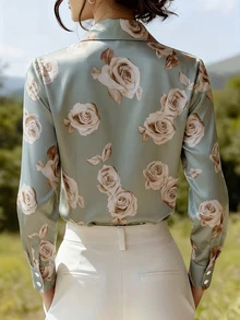 Women's Lightweight Luxurious Satin Rose Print Shirt - Fashionable Fitted Flowy Long Sleeve - Mint Blue - View 3