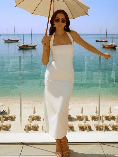 Vestido maxi elegante y casual de estilo francés sin espalda y sin tirantes, de unicolor, adecuado para uso diario, playa y citas nocturnas