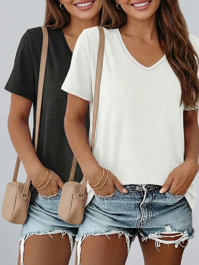 2pcs Women V-Neck Short Sleeve T-Shirts - Soft Stretchy Casual Tops, Suitable For Spring, Summer, Autumn, Regular Fit All-Match Versatile Garment | V-Neck T-Shirt | Medium Elasticity, Ladies T-Shirt, Women Short Sleeve Top/T-Shirt, Autumn Women Top, Ladies T-Shirt/Tee, Women Blouse