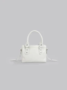 DareSee 1 Pc Beige Splicing Rivets Inlaid Metal Tassels Zip Decoration Retro PU Material Loop Band Decorative Rivets Inlaid Double Handles Adjustable Long Shoulder Strap Design Zip Closure Fashion Retro Sweet Cool Style Biker Bag Y2K Punk Style Square Bag Ladies Handbag Casual Quiet Luxury Style Ladies Slanting Shoulder Bag Can Be Put Mobile Phone Card Bag And So On Suitable For Daily Travel Shopping And Other Uses, 2000s Fashion Style Bag For Women - Beige - View 3