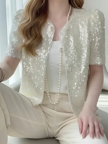 女士时尚亮片装饰短袖外套，闪亮亮片细节，常规版型梭织上衣，春季款 - 杏色 - 查看 2