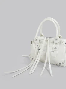 DareSee 1 Pc Beige Splicing Rivets Inlaid Metal Tassels Zip Decoration Retro PU Material Loop Band Decorative Rivets Inlaid Double Handles Adjustable Long Shoulder Strap Design Zip Closure Fashion Retro Sweet Cool Style Biker Bag Y2K Punk Style Square Bag Ladies Handbag Casual Quiet Luxury Style Ladies Slanting Shoulder Bag Can Be Put Mobile Phone Card Bag And So On Suitable For Daily Travel Shopping And Other Uses, 2000s Fashion Style Bag For Women - Beige - View 6