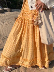 Solstice Apparel Orange Yellow Gingham Multi-Layer Ruffle Maxi Skirt, High Waist Loose Fit Long Skirt, Boho Vacation Style, Perfect For Daily Commute, Outings & Dates, Spring Summer Versatile Bottoms - Yellow - View 2