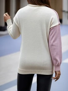 大码纯色拼接长袖休闲扭绳套头毛衣，优雅派对及节日女装，秋冬款 - 粉色 - 查看 2