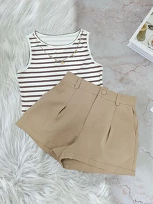 女士休闲条纹吊带背心和短裤两件套，夏季 - 彩色 - 查看 1