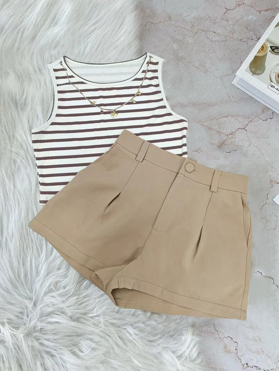 女士休闲条纹吊带背心和短裤两件套，夏季 - 彩色 - 查看 1