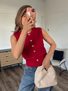 Women's New Front Button Closure Casual/Holiday Sleeveless Knit Top - Red - View 7