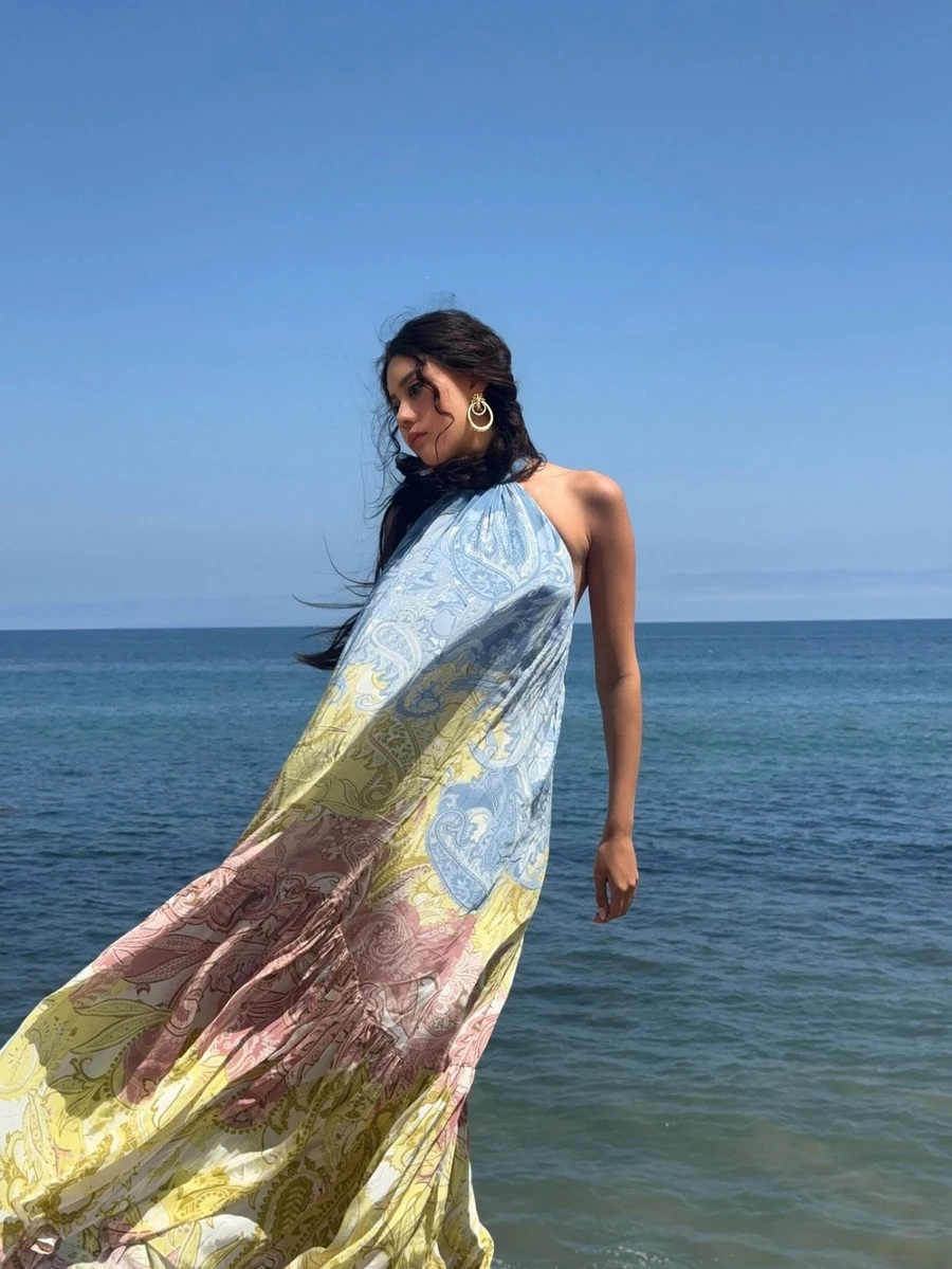 Women's Spring/Summer New Casual Elegant Vacation Paisley Digital Print Pattern Halter Maxi Dress - Halter Neck With Bow Tie, Ruched Hem, Paisley Digital Print Pattern, Loose, Flowy, Backless Maxi Dress - Multicolor - View 1