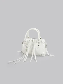 DareSee 1 Pc Beige Splicing Rivets Inlaid Metal Tassels Zip Decoration Retro PU Material Loop Band Decorative Rivets Inlaid Double Handles Adjustable Long Shoulder Strap Design Zip Closure Fashion Retro Sweet Cool Style Biker Bag Y2K Punk Style Square Bag Ladies Handbag Casual Quiet Luxury Style Ladies Slanting Shoulder Bag Can Be Put Mobile Phone Card Bag And So On Suitable For Daily Travel Shopping And Other Uses, 2000s Fashion Style Bag For Women - Beige - View 2