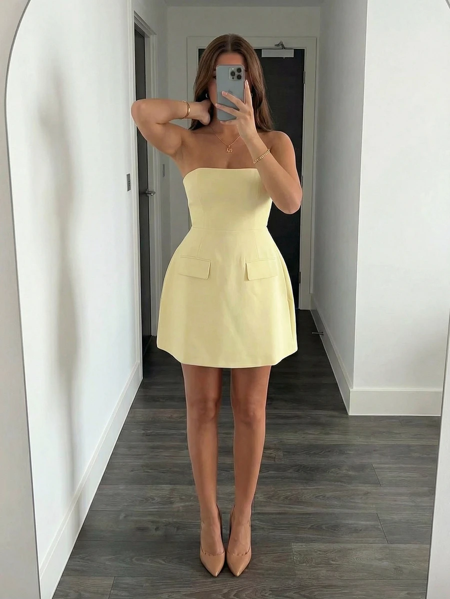 优雅派对礼服、精致通勤装、浪漫约会装、聚会装、假日无肩带收腰迷你连衣裙、女士优雅连衣裙、夏季假日装扮 - 黃色 - 查看 1