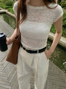 Rikumo 女士提花船领插肩袖衬衫，适合春夏穿着 - 杏色 - 查看 1