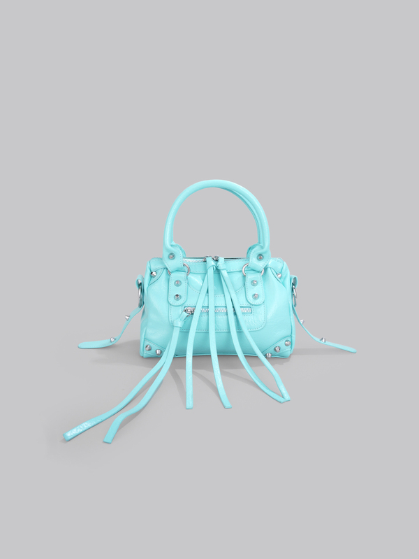 DareSee 1 Pc Baby Blue Splicing Rivets Inlaid Metal Tassels Zip Decoration Retro PU Material Loop Band Decorative Rivets Inlaid Double Handles Adjustable Long Shoulder Strap Design Zip Closure Fashion Retro Sweet Cool Style Biker Bag Y2K Punk Style Square Bag Ladies Handbag Casual Quiet Luxury Style Ladies Slanting Shoulder Bag Can Be Put Mobile Phone Card Bag And So On Suitable For Daily Travel Shopping And Other Uses
