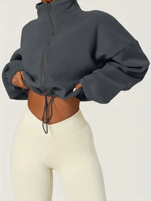 女士抓绒拉链抽绳腰休闲卫衣，优雅舒适 - Iron Gray - 查看 3