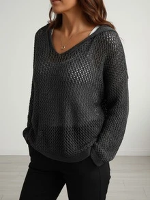 Áo len nữ cỡ lớn màu trơn tay dài vai rớt có mũ, kiểu dáng thường ngày, thích hợp cho trang phục đi biển mùa thu xuân, trang phục đi nghỉ mát, áo dự tiệc mùa hè. - màu đen - Xem 2