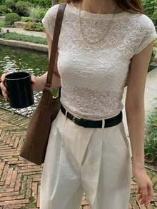 Rikumo 女士提花船领插肩袖衬衫，适合春夏穿着 - 杏色 - 查看 3