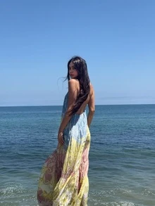 Đầm maxi nữ mùa xuân/hè kiểu dáng thanh lịch, thoải mái, họa tiết Paisley in kỹ thuật số, cổ yếm buộc nơ, gấu đầm nhún, họa tiết Paisley in kỹ thuật số, dáng rộng, thướt tha, hở lưng. - Nhiều màu - Xem 3