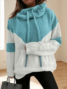 大码女式休闲撞色抽绳连帽套头卫衣，带口袋，适合春季长袖毛衣、秋冬季休闲上衣以及女士假日穿搭。 - 藍色 - 查看 1