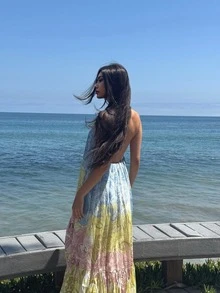 Đầm maxi nữ mùa xuân/hè kiểu dáng thanh lịch, thoải mái, họa tiết Paisley in kỹ thuật số, cổ yếm buộc nơ, gấu đầm nhún, họa tiết Paisley in kỹ thuật số, dáng rộng, thướt tha, hở lưng. - Nhiều màu - Xem 2