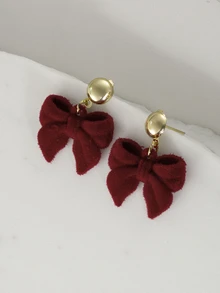 Clariva 1 对红色毛绒蝴蝶结金属可爱甜美复古时尚优雅耳环适合女性新年、圣诞节、情人节、婚礼、日常、节日佩戴情人