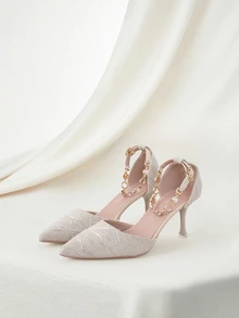 Clariva Women Faux Pearl Decor Point Toe Stiletto Heeled Ankle Strap Pumps, Fashion Outdoor Denim Pumps Winter Gifts - Apricot - View 1