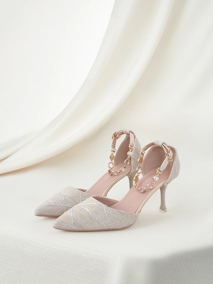 Clariva Women Faux Pearl Decor Point Toe Stiletto Heeled Ankle Strap Pumps, Fashion Outdoor Denim Pumps Winter Gifts - Apricot - View 1