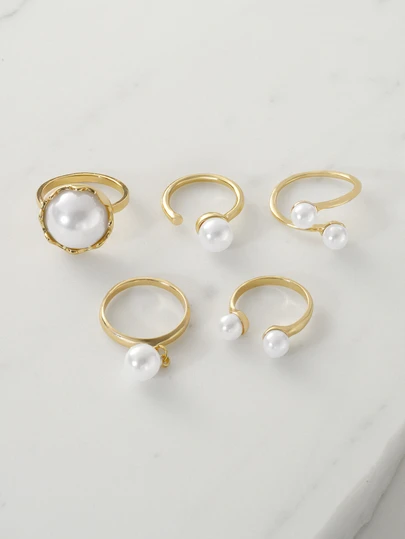 Clariva 5pcs Faux Pearl Decorated Rings, Suitable For Everyday Wear Winter Gifts
