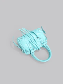 DareSee 1 Chiếc túi màu xanh nhạt phối đinh tán, tua rua kim loại, khóa kéo trang trí, chất liệu PU cổ điển, quai xách đôi, dây đeo vai dài điều chỉnh được, khóa kéo, thời trang retro, ngọt ngào, cá tính, phong cách biker, túi vuông kiểu Y2K Punk, túi xách nữ phong cách sang trọng, giản dị, túi đeo chéo có thể đựng điện thoại, thẻ, v.v. Thích hợp cho đi du lịch, mua sắm và các hoạt động khác như lễ hội âm nhạc. - Màu xanh nhạt - Xem 5