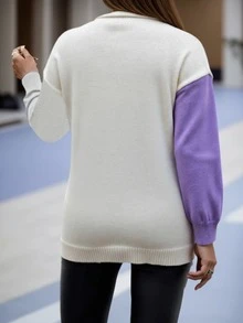 大码纯色拼接长袖简约扭绳套头毛衣，适合秋冬季休闲穿着，优雅情人节女装
