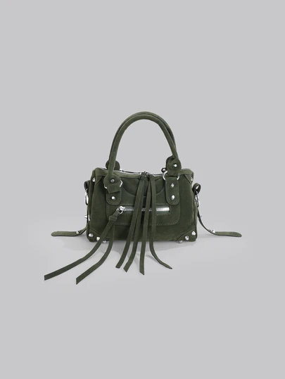 DareSee 1 Pc Green Splicing Rivets Inlaid Metal Tassels Zip Decoration Retro PU Material Loop Band Decorative Rivets Inlaid Double Handles Adjustable Long Shoulder Strap Design Zip Closure Fashion Retro Sweet Cool Style Biker Bag Y2K Punk Style Square Bag Ladies Handbag Casual Quiet Luxury Style Ladies Slanting Shoulder Bag Can Be Put Mobile Phone Card Bag And So On Suitable For Daily Travel Shopping And Other Uses Music Fest