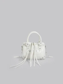 DareSee 1 Pc Beige Splicing Rivets Inlaid Metal Tassels Zip Decoration Retro PU Material Loop Band Decorative Rivets Inlaid Double Handles Adjustable Long Shoulder Strap Design Zip Closure Fashion Retro Sweet Cool Style Biker Bag Y2K Punk Style Square Bag Ladies Handbag Casual Quiet Luxury Style Ladies Slanting Shoulder Bag Can Be Put Mobile Phone Card Bag And So On Suitable For Daily Travel Shopping And Other Uses, 2000s Fashion Style Bag For Women - Beige - View 1