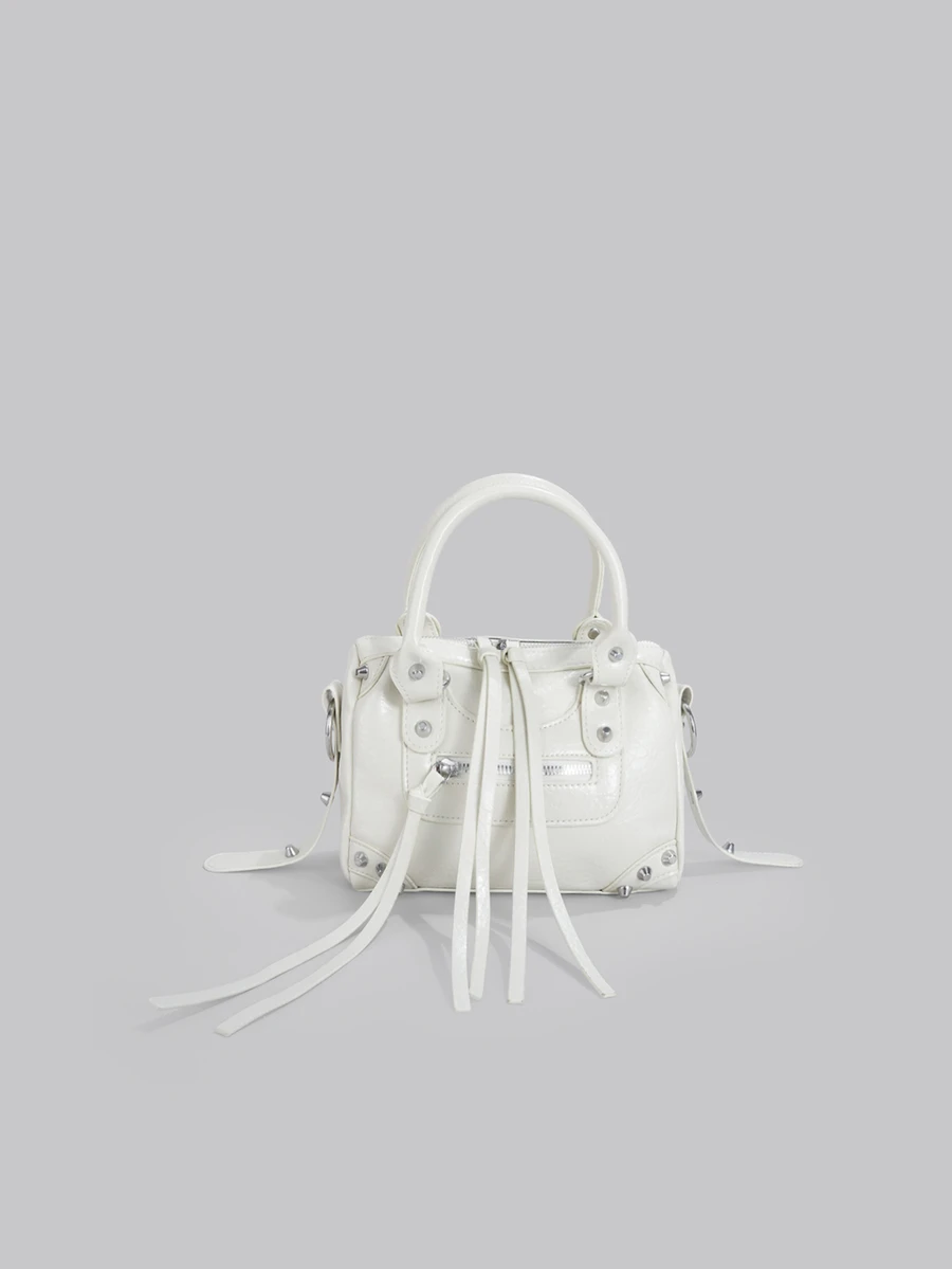 DareSee 1 Pc Beige Splicing Rivets Inlaid Metal Tassels Zip Decoration Retro PU Material Loop Band Decorative Rivets Inlaid Double Handles Adjustable Long Shoulder Strap Design Zip Closure Fashion Retro Sweet Cool Style Biker Bag Y2K Punk Style Square Bag Ladies Handbag Casual Quiet Luxury Style Ladies Slanting Shoulder Bag Can Be Put Mobile Phone Card Bag And So On Suitable For Daily Travel Shopping And Other Uses, 2000s Fashion Style Bag For Women - Beige - View 1