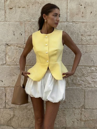 Solid Color Casual Front Button Sleeveless Vest, Elegant Women's Blouses, Casual Blouse For Women, Yellow Top, Elegant Dress For Women, Casual Women's Outfits