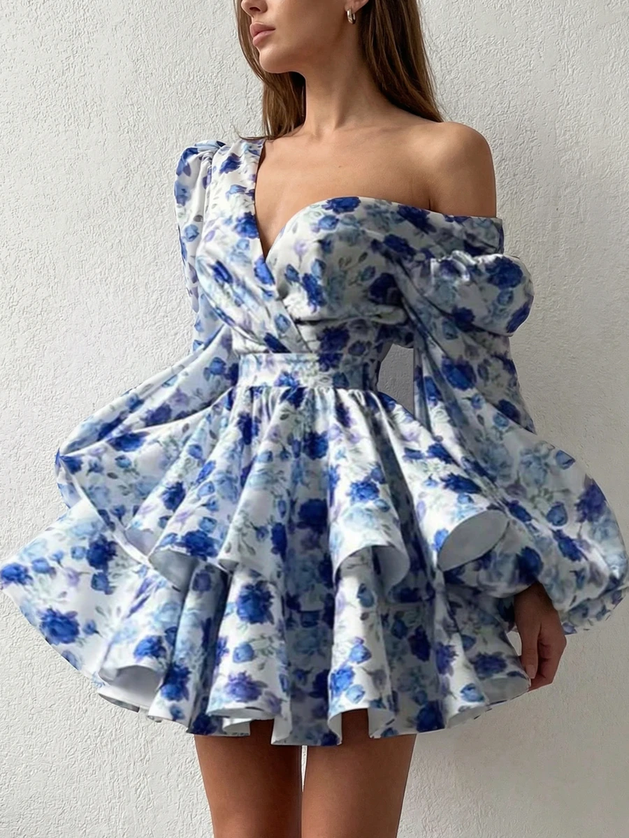 Solstice Apparel Backless Blue Rose Print Dress, Puff Long Sleeve V-Neck Layered Ruffle Mini Dress, Retro Elegant Style, Great For Weddings, Parties & Music Festivals, Spring Summer - Blue - View 1
