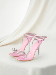 Clariva Women's Pink Rhinestone Embellished Bow Knot High Heeled Sandals With Strappy And Buckle, Peep-Toe, Great For Summer And Fall Parties Valentines - Pink - View 1