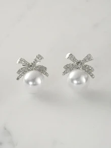 Clariva 1 Pair Elegant Bow Faux Pearl Rhinestone Stud Earrings Valentines